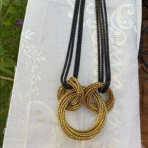 Gold tone and Black Costume Jewelry Multiple Entwined rings Choker Necklace